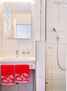 La salle de bains est pourvue d'une douche et de serviettes rouges. dans l'établissement Ferienwohnungen Quellenhof, à Bad Reichenhall