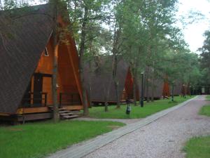 a group of houses with trees and a road at Holiday Park Solnechnaya na Oke in Volkovskoye