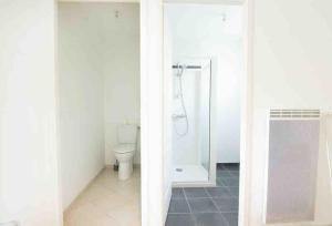 ein weißes Badezimmer mit Toilette und Dusche in der Unterkunft La Grande Croisée extérieur et plage in Châtelaillon-Plage + 3 Fotos
