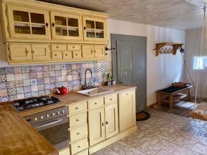 a kitchen with wooden cabinets and a sink and a stove at Bezva relax Bezděz in Luka