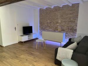 a living room with a couch and a tv at Gîte Le Polochon in Varennes-le-Grand
