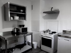 uma pequena cozinha com fogão e micro-ondas em Chic Apartment with Balcony em Gelsenkirchen
