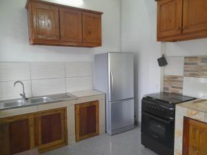 安齊拉貝的住宿－Chez Joël，厨房配有不锈钢冰箱和木制橱柜