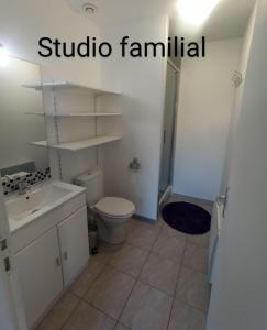 a white bathroom with a toilet and a sink at Studio Quiétude in Saint-Aygulf