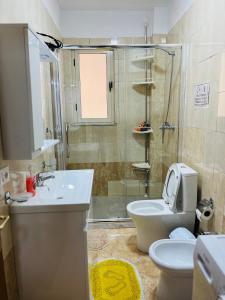 een badkamer met een toilet, een wastafel en een douche bij ALBI’S Apartment in Tirana