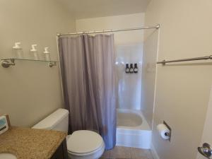 une salle de bain avec un rideau de douche et des toilettes dans l'établissement Castro Place in Downtown San Leandro, à San Leandro 7 autres photos