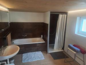 a bathroom with a tub and a shower and a sink at Niesenblick in Aeschlen ob Gunten