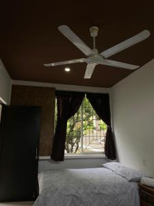 a ceiling fan in a bedroom with a window at Cabañas El Sabinito in El Naranjo