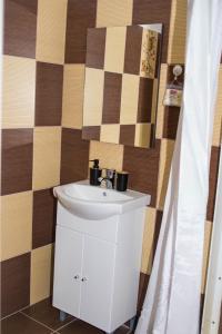 a bathroom with a white sink and a shower curtain at Studio Sonia - Tordosan Central - #5 in Sibiu