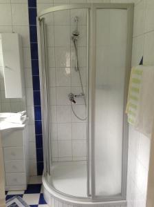 a shower with a glass door in a bathroom at Pension Carina in Sankt Kanzian