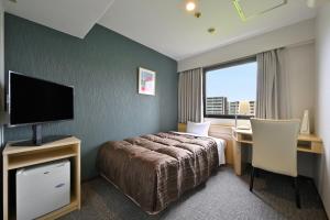 Habitación de hotel con cama, escritorio y TV. en Hotel NCB en Osaka