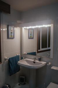 uma casa de banho com um lavatório, um espelho e um WC. em Estrela de mar em O Grove
