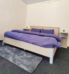 a bed with purple pillows on it in a room at Giggling Goons Cabins & Kitchen in Kasol