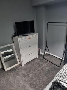 1 dormitorio con TV y tocador con espejo en Comfy 1st floor flat, sleeps 4 en Londres