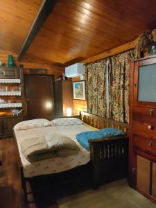 ein Schlafzimmer mit einem Bett und einem TV in einem Zimmer in der Unterkunft CABAÑA DE MADERA JUNTO AL LAGO LAS JARAS in Córdoba