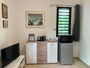 ein Wohnzimmer mit einem TV und einer Mikrowelle in der Unterkunft La Carangaise in Saint-Pierre