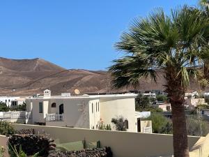 a white house with a palm tree in front of it at Luxury Canarian villa with large pool and apartment in Costa Teguise in Teguise
