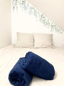 a blue blanket laying on a bed in a bedroom at Cocon Maritime 1 chambre & 1 Mezzanine in Ouistreham
