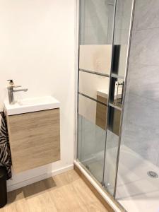 a bathroom with a shower and a sink at Cocon Maritime 1 chambre & 1 Mezzanine in Ouistreham