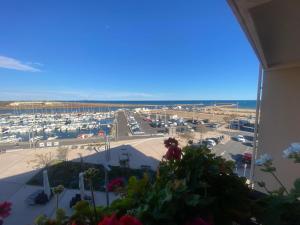 een uitzicht op een parkeerplaats vanuit een hotelkamer bij Studio vue mer pour 2 personnes au Port de Valras-Plage in Valras-Plage