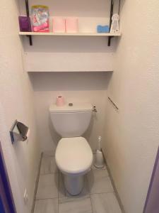 een kleine badkamer met een wit toilet en planken bij Studio vue mer pour 2 personnes au Port de Valras-Plage in Valras-Plage