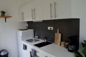 een keuken met een wastafel en een witte koelkast bij Studio calme et cosy au Andelys pour 2 personnes in Les Andelys