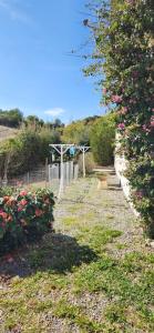 um jardim com flores cor-de-rosa e uma cerca em Charmant T3 en rez de jardin d'une villa em Ghisonaccia