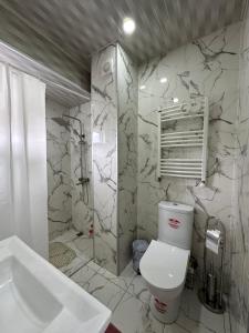 a bathroom with a toilet and a shower and a sink at Rustaveli Apartment 113 in Kutaisi