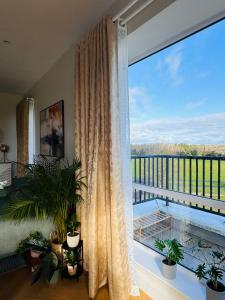 Zimmer mit einem großen Fenster mit Blick auf einen Balkon. in der Unterkunft Finnstown Hall in Dublin