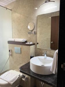 W łazience znajduje się umywalka, lustro i toaleta. w obiekcie Mastiff Grand La Villae w mieście Lonavla