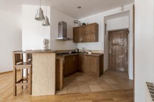 a kitchen with wooden cabinets and a counter top at Rynok Square apartment with balcony in Lviv +2 photos