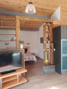 ein Wohnzimmer mit einem TV und einem Loft in der Unterkunft Casa Chélo in Saint-Vincent-de-Tyrosse