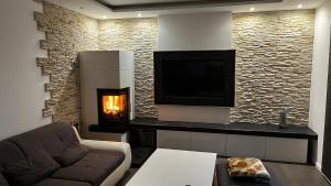 a living room with a tv and a fireplace at HausGregor, Messe 15 min, City 20 min und Erholung im Grünen in Winkelhaid