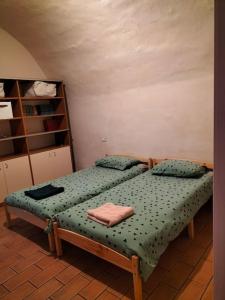 a bedroom with two beds and a book shelf at Intero Appartamento in Corte con giardino in Concesio