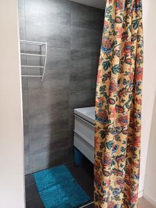 uma casa de banho com uma cortina de chuveiro ao lado de um lavatório em roof top Papeete em Papeete