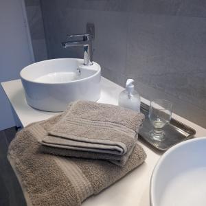 La salle de bains est pourvue d'un lavabo et de serviettes sur un comptoir. dans l'établissement Molibeau, à Beauvais