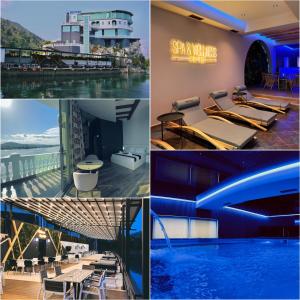 a collage of photos of a hotel with a swimming pool at Prince of Lake Hotel in Shkodër