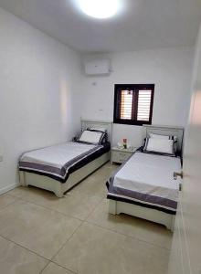 een slaapkamer met twee bedden en een raam bij Apartment in Jerusalem Estate in Jeruzalem