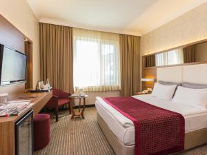 アンカラにあるGazi Park Hotelのベッドとデスクが備わるホテルルームです。