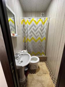 een badkamer met een wastafel, een toilet en een douchegordijn bij Hotel ISMOIL SAMONI in Bukhara