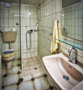 a bathroom with a shower and a sink and a toilet at Aquamarine Apartments in Paleo Tsifliki +33 photos