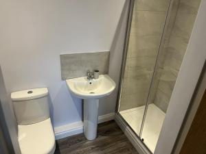 a bathroom with a toilet and a sink and a shower at Fleetwood 2 bed cottage in Tunstall