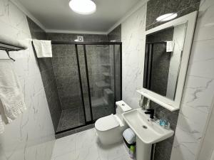a bathroom with a toilet and a sink and a shower at Гостиница in Taraz