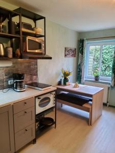 a kitchen with a stove and a counter with a table at Studio-Apartment mit kleinem Gartenanteil in Burg auf Fehmarn