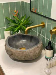 lavabo de piedra en un mostrador en el baño en The Treehouse at Alma Bay, en Arcadia