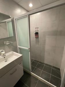 a bathroom with a shower and a sink at Sunshine Music Traditional Guesthouse in Jinsha