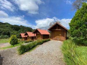 a row of wooden huts in a field with trees at Cabanas Encantos da Natureza in Gramado