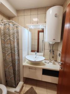a bathroom with a sink and a shower at Apartman Trend 17 in Vrnjačka Banja