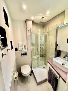 La salle de bains est pourvue d'une douche, de toilettes et d'un lavabo. dans l'établissement LIVE-IN Tiny Studiowohnung, à Wertheim