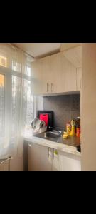 a kitchen with a sink and a counter top at A very cosy apartment in Bucharest